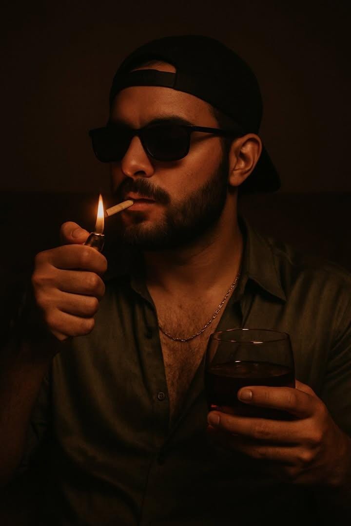 Man smoking cigarette with whiskey