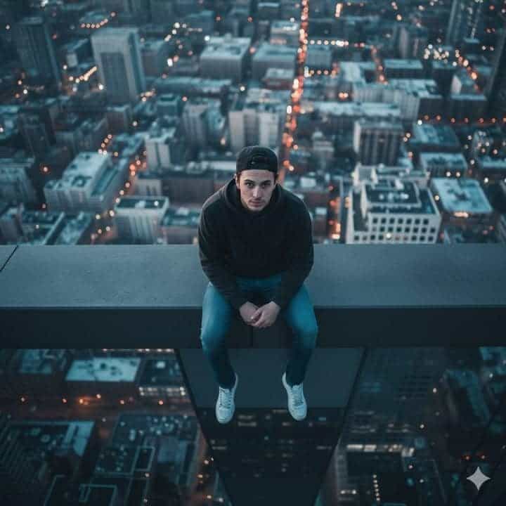 Overhead shot sitting on skyscraper edge blue hour