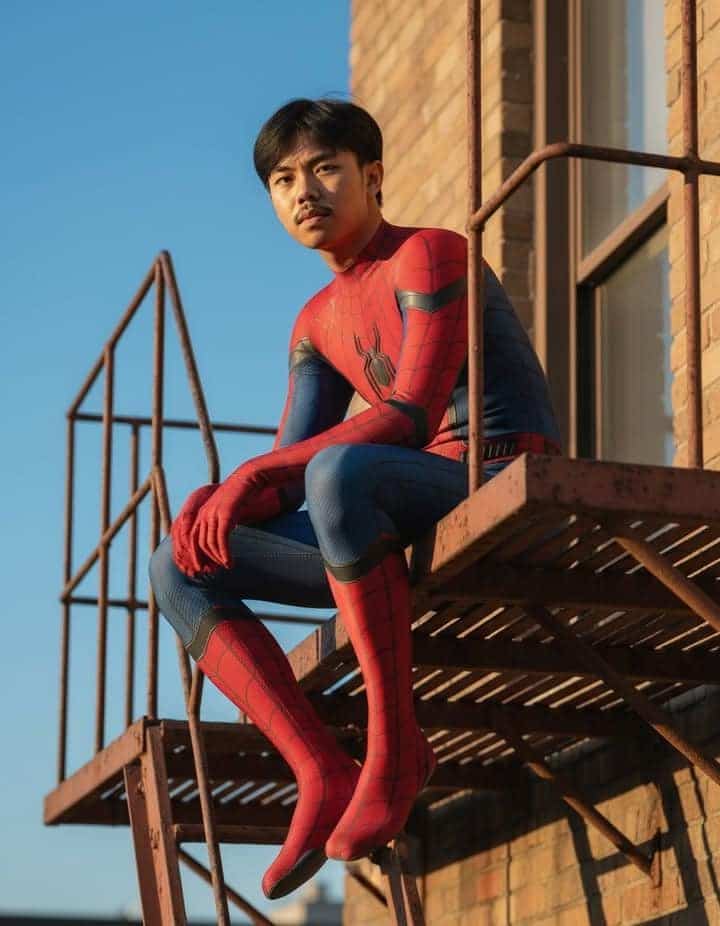 Spider-Man suit on fire escape