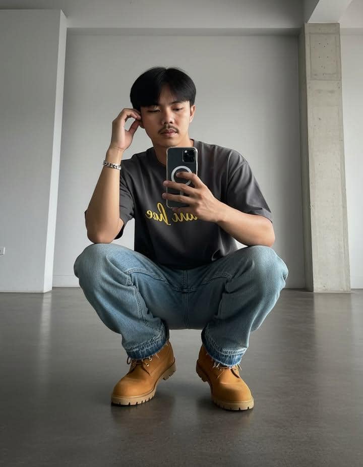 crouching mirror selfie MagSafe phone