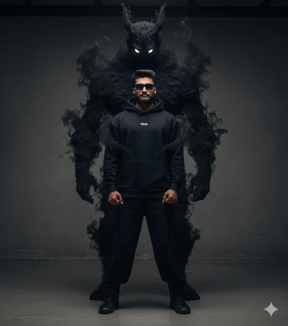 Black smoke demon standing behind man