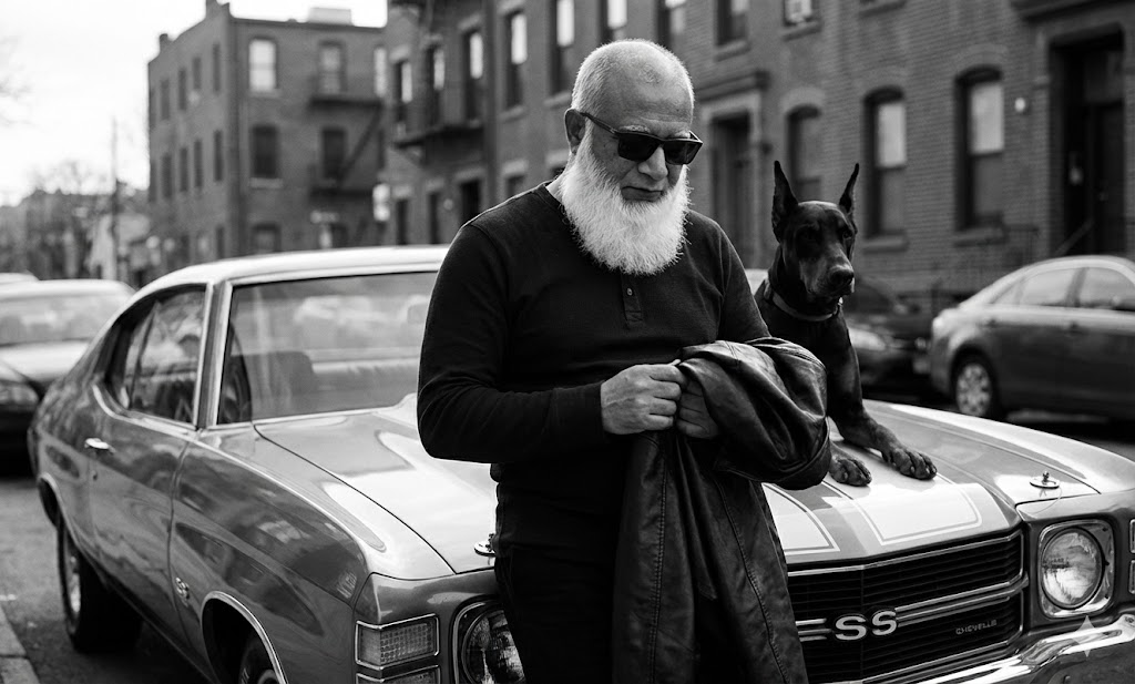 Vintage car with Doberman black and white