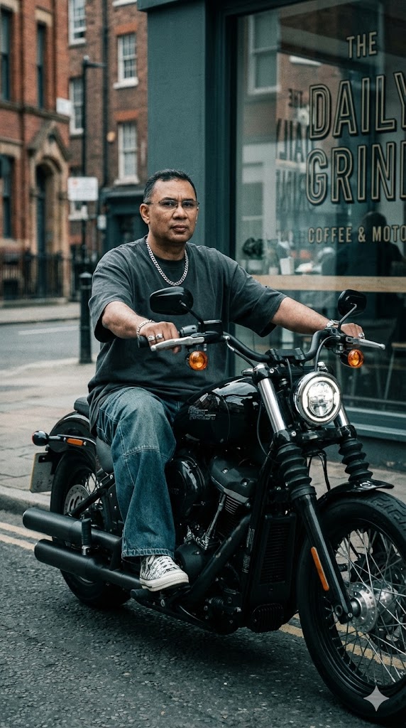 Biker riding cruiser motorcycle urban cafe