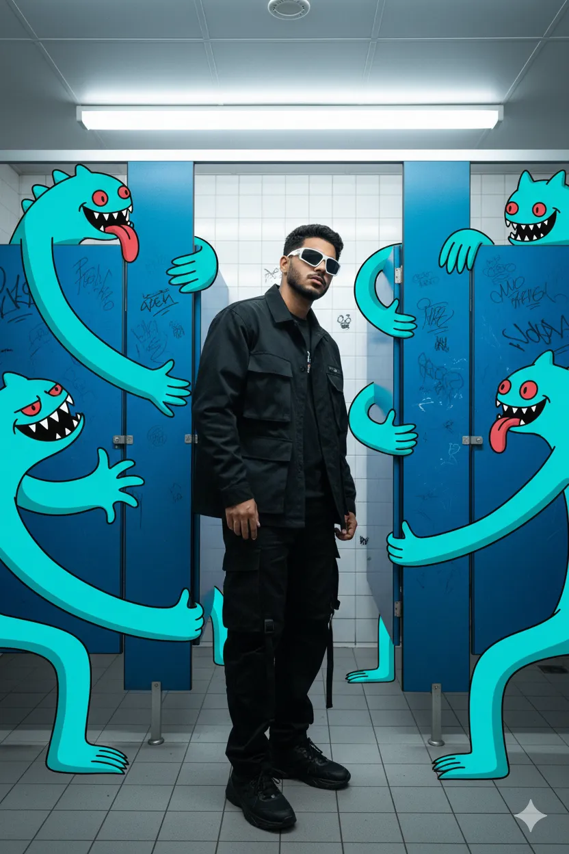 bathroom stall with cartoon creatures mixed reality