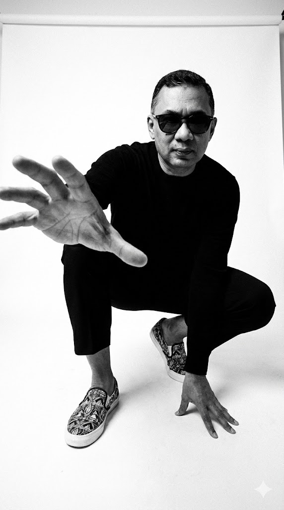 Crouching black and white fashion editorial