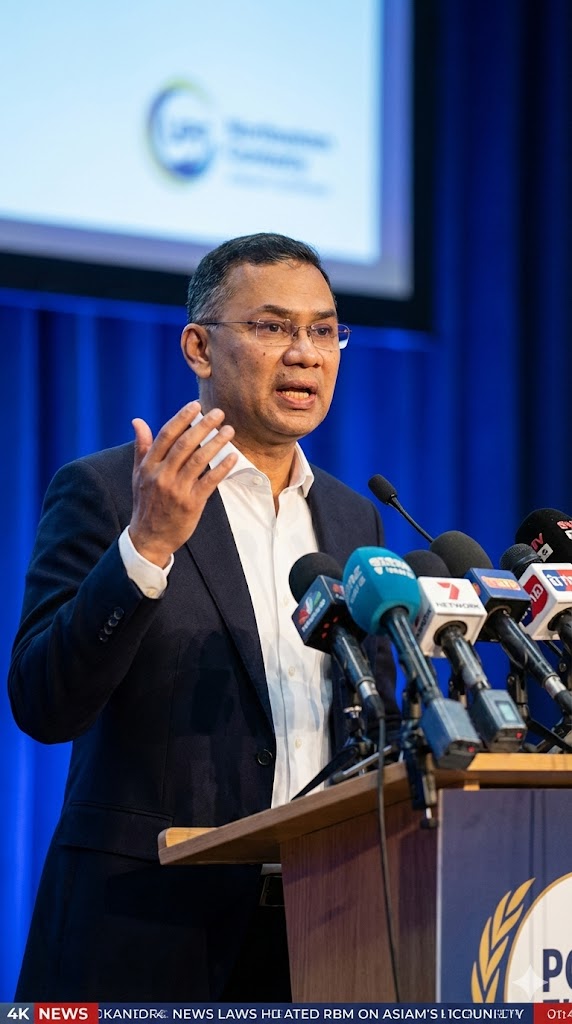 giving speech at wooden podium multiple microphones