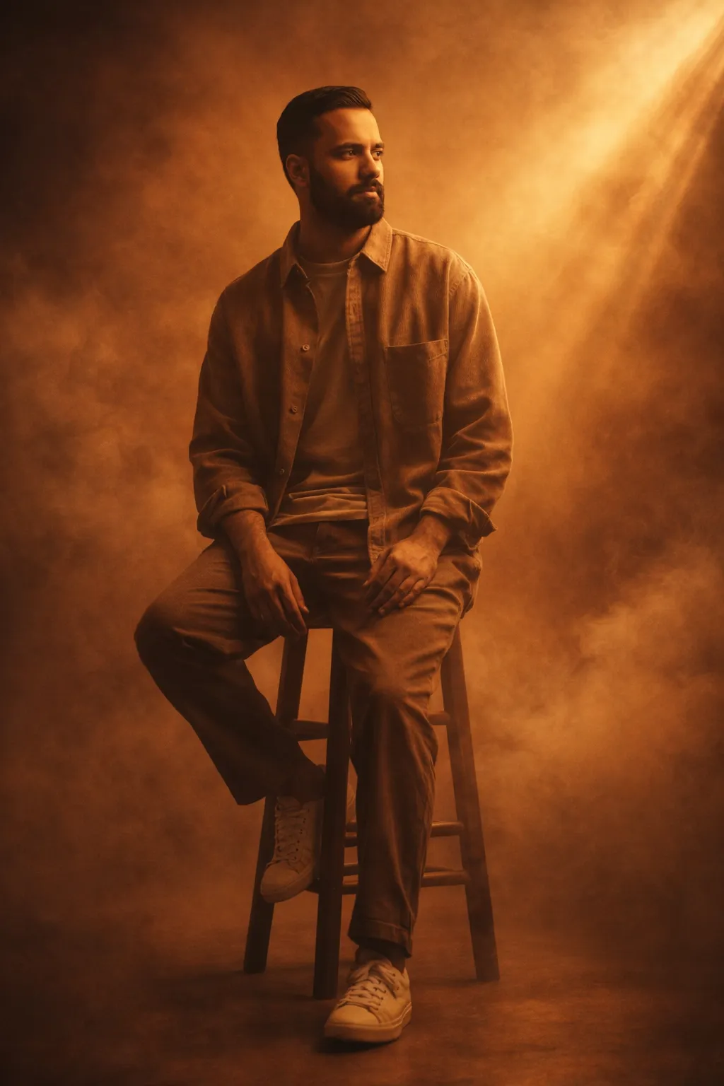 Smoke filled studio portrait amber gold