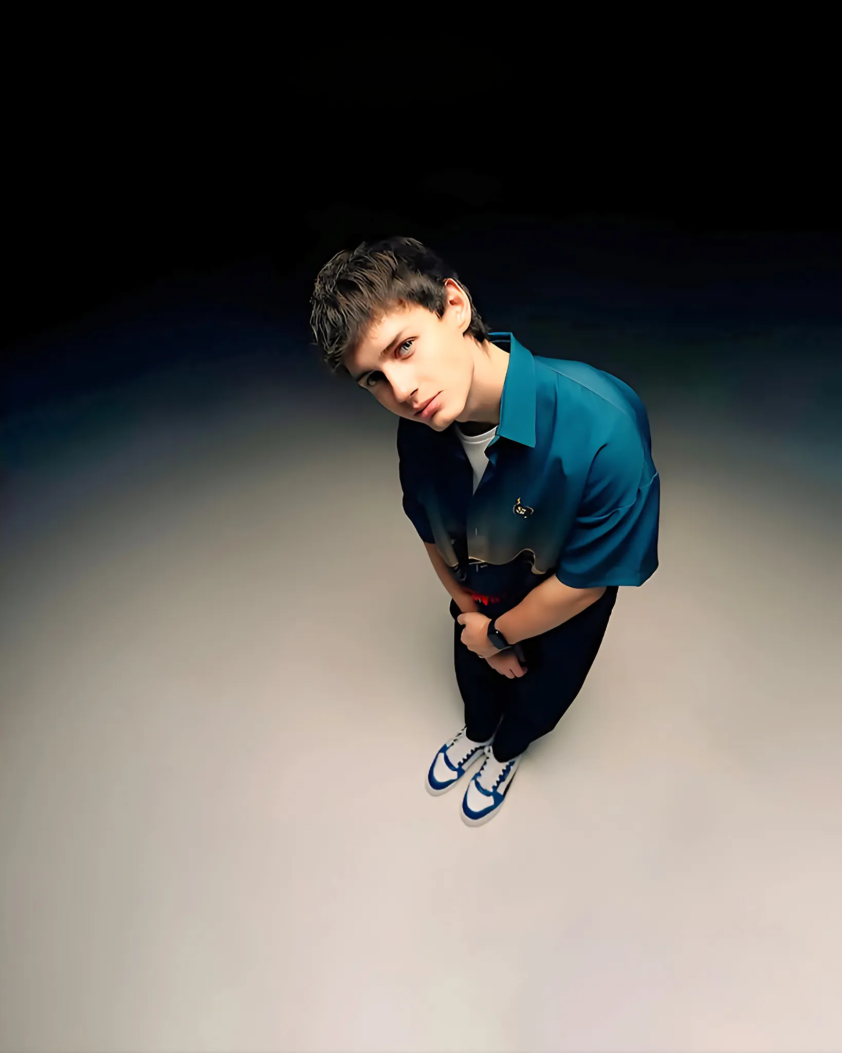 top down cinematic portrait teal satin shirt