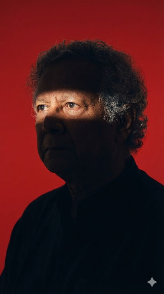 studio portrait bold red background hard light