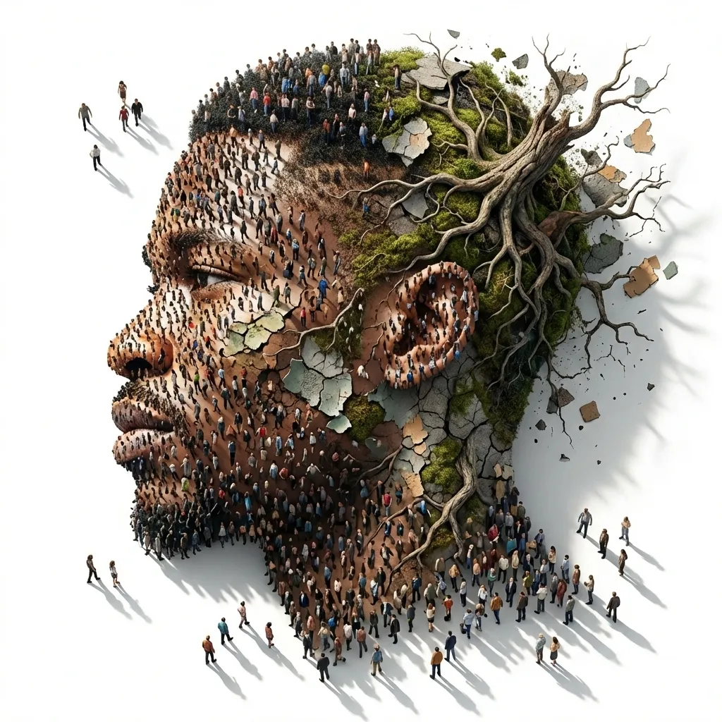 giant face formed by thousands of tiny people