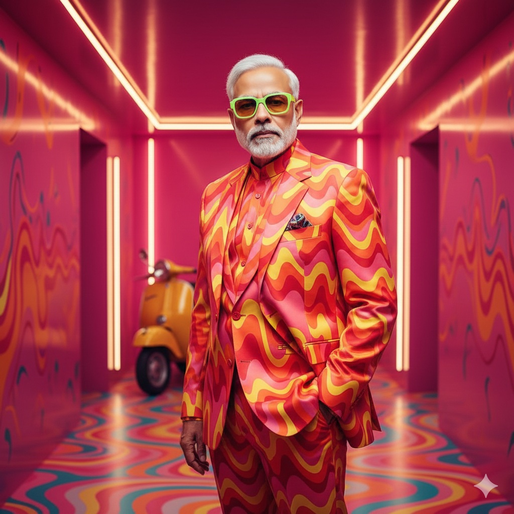 bold retro neon editorial pink hallway scooter