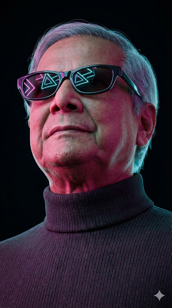 close up low angle turtleneck neon underlighting