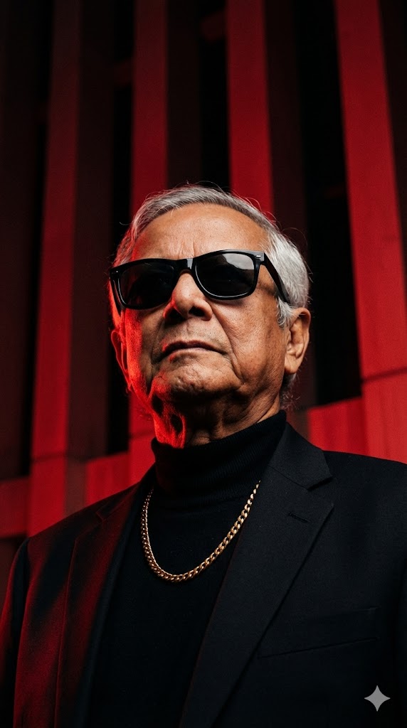 black turtleneck blazer red lighting low angle