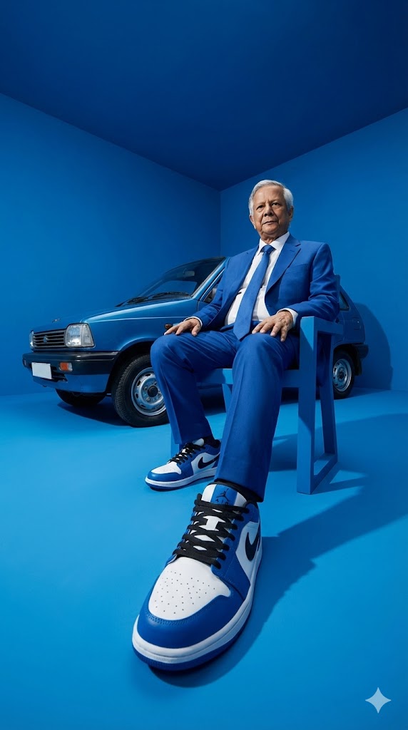 Blue suit monochrome studio with car