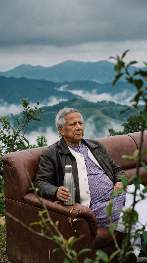 sitting on brown leather sofa on mountain