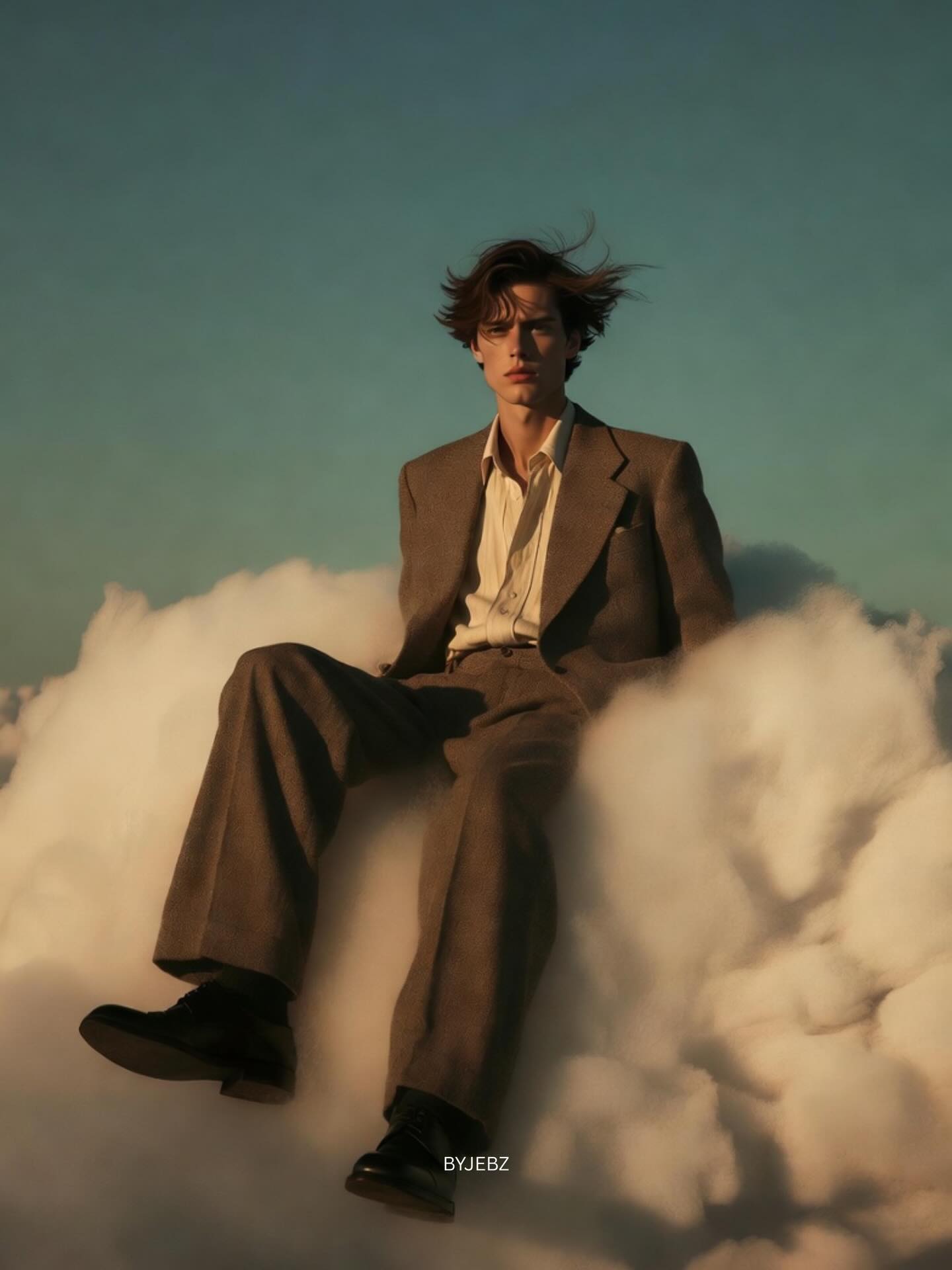 Sitting on clouds in brown suit