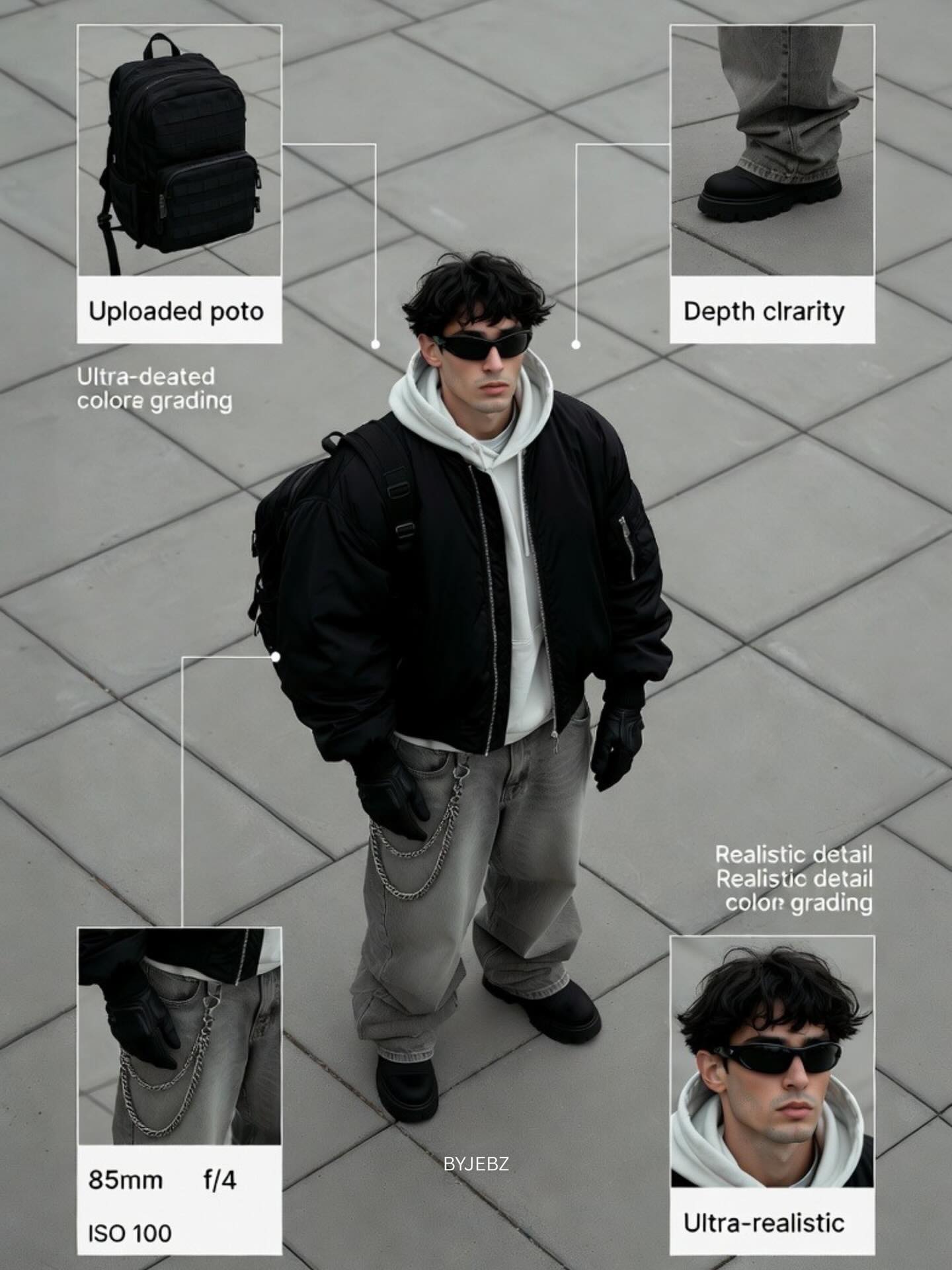 top down streetwear fashion editorial with layout boxes