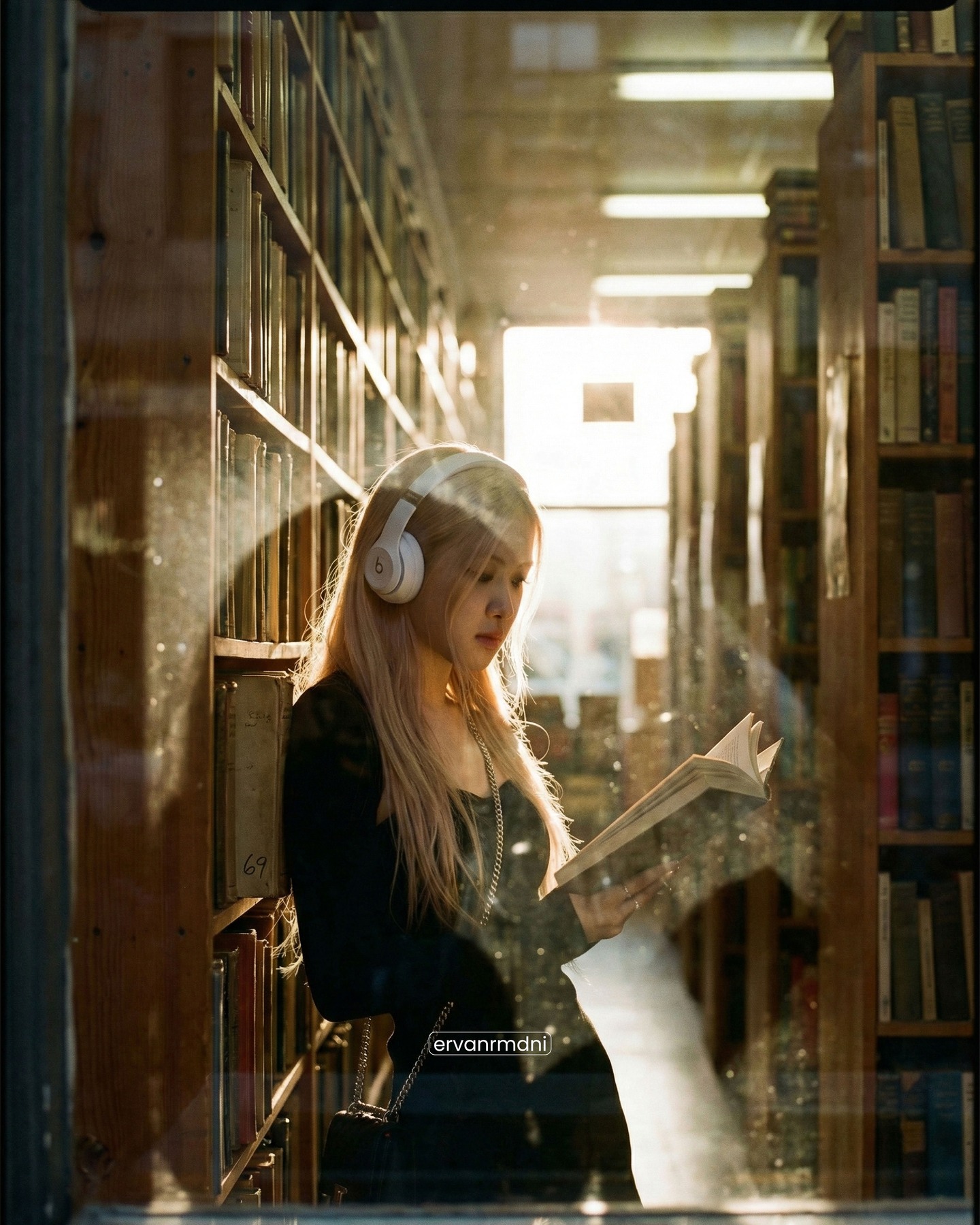 vintage bookstore corridor golden hour backlight
