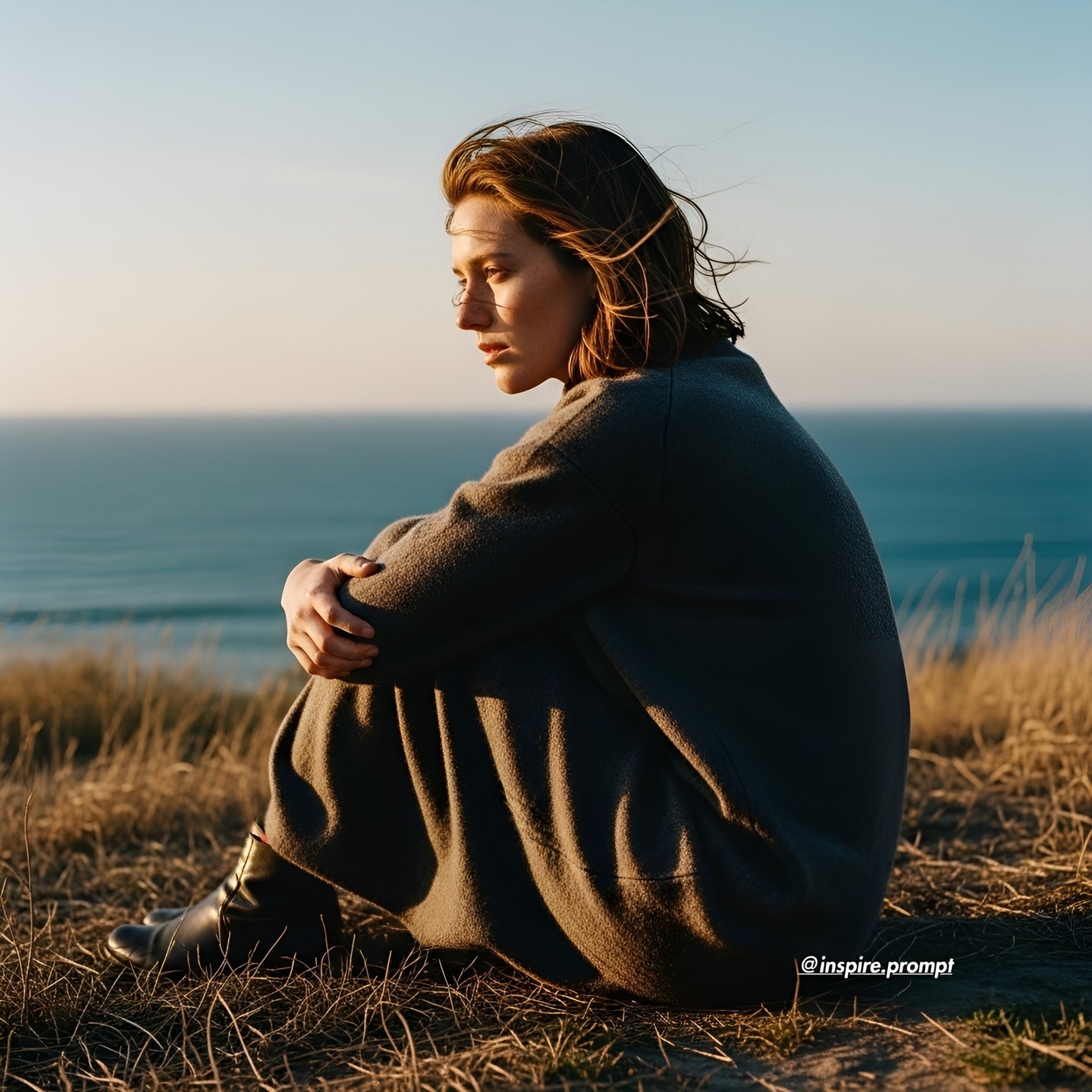 Hugging knees facing ocean coastal