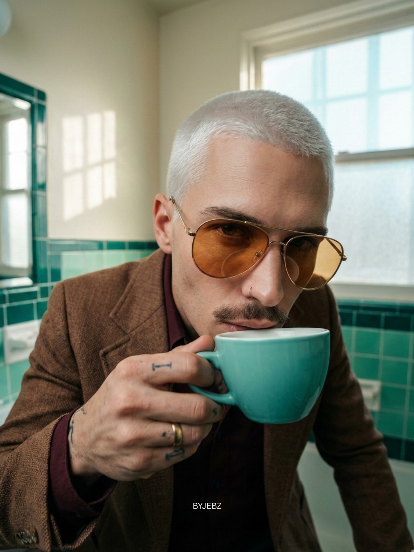 fisheye coffee cup vintage bathroom teal tiles