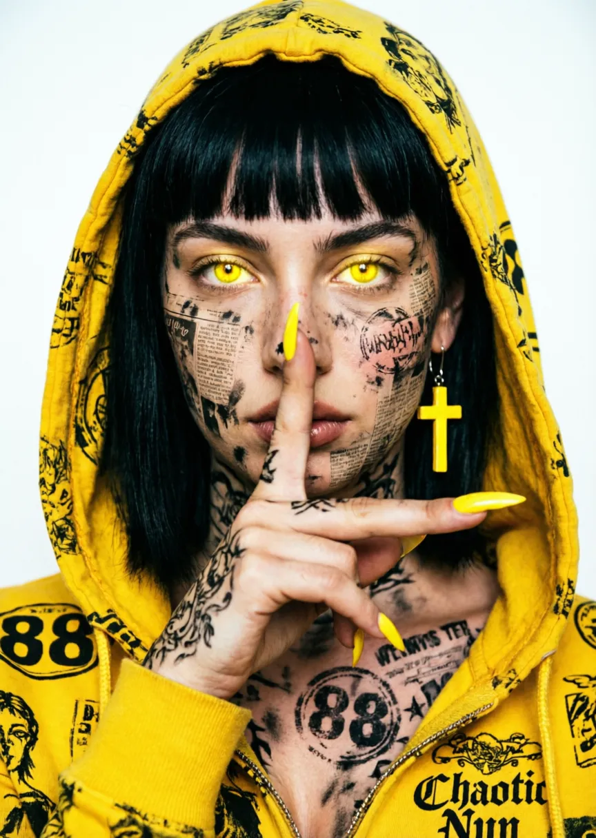 yellow hoodie glowing eyes black body art