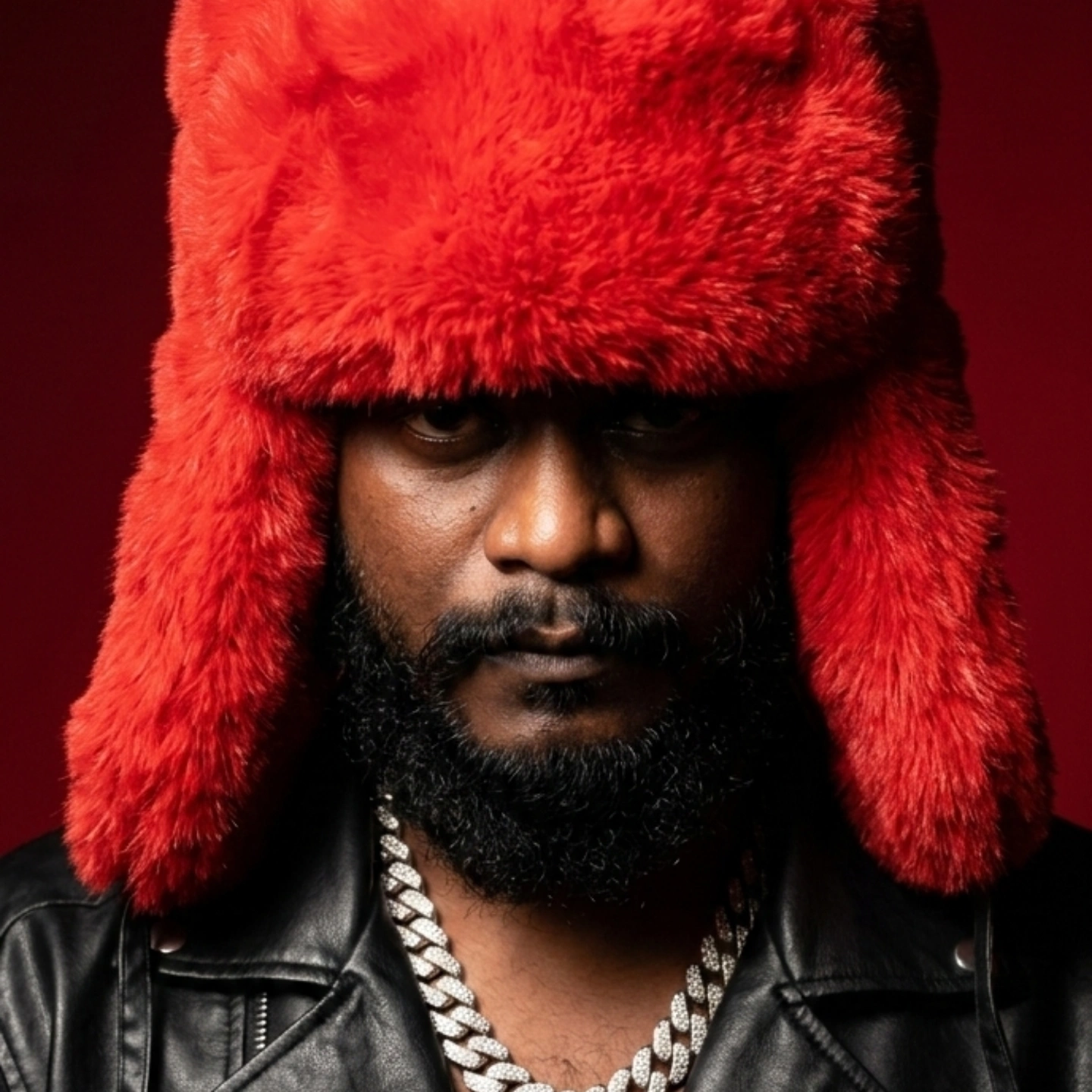 side profile red fur ushanka hat biker jacket