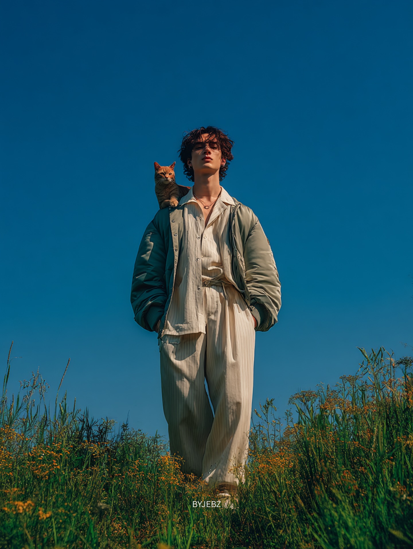 full body wildflower field low angle cat