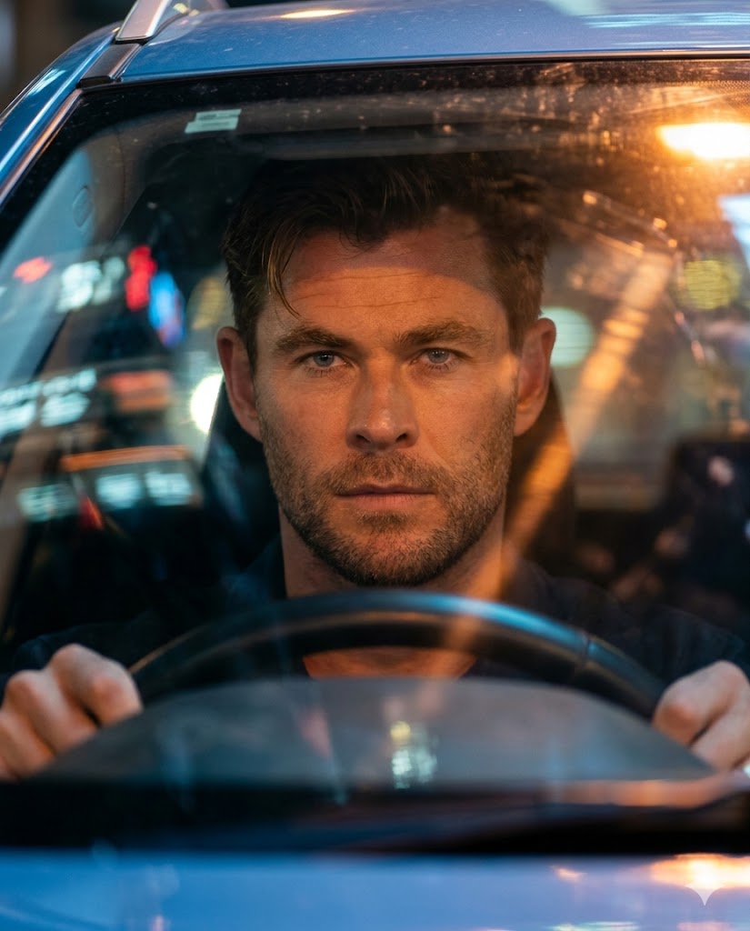 cinematic night portrait inside car windshield