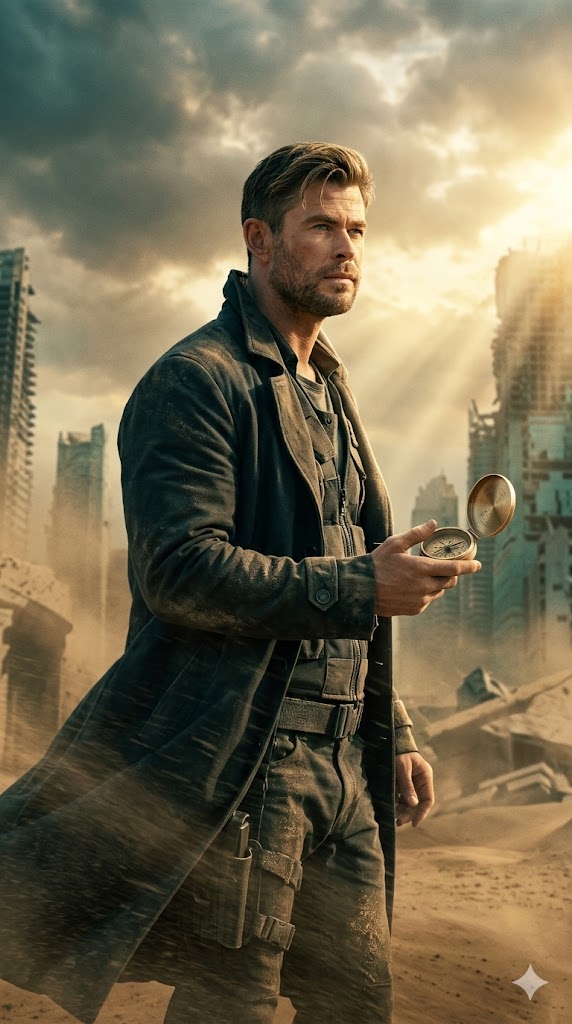 cinematic sci-fi time traveler sandstorm ruins