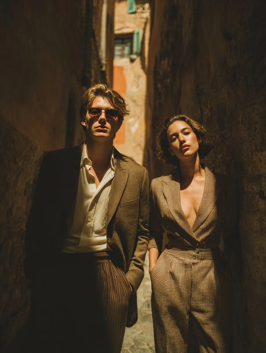 cinematic editorial couple stone corridor