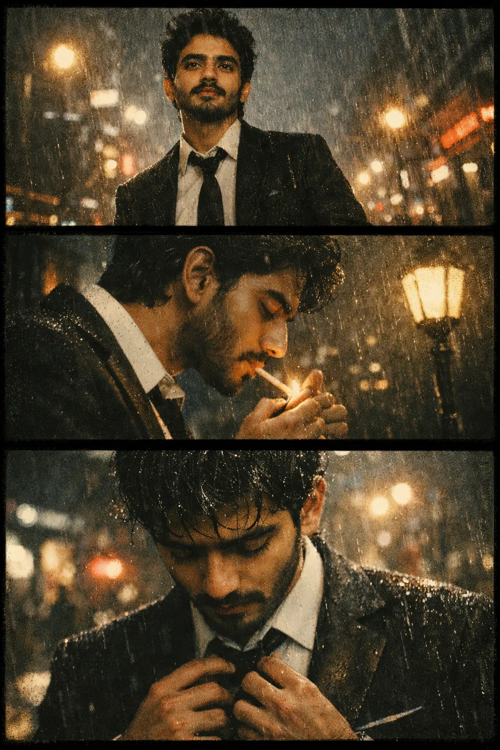 ultra cinematic portrait three frames rainy night