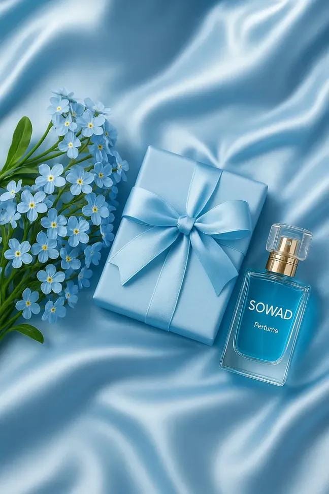 Luxury flat lay with blue gift box and perfume