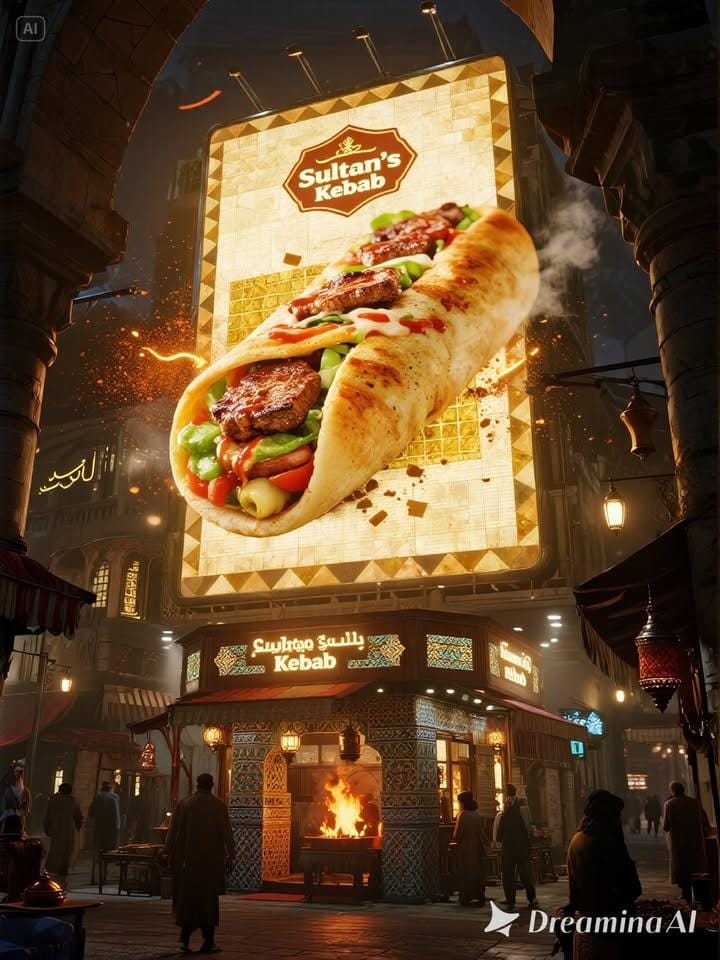 Hyper-realistic 3D billboard kebab wrap Middle Eastern