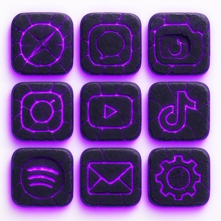 9 iPhone app icons stone texture purple glow
