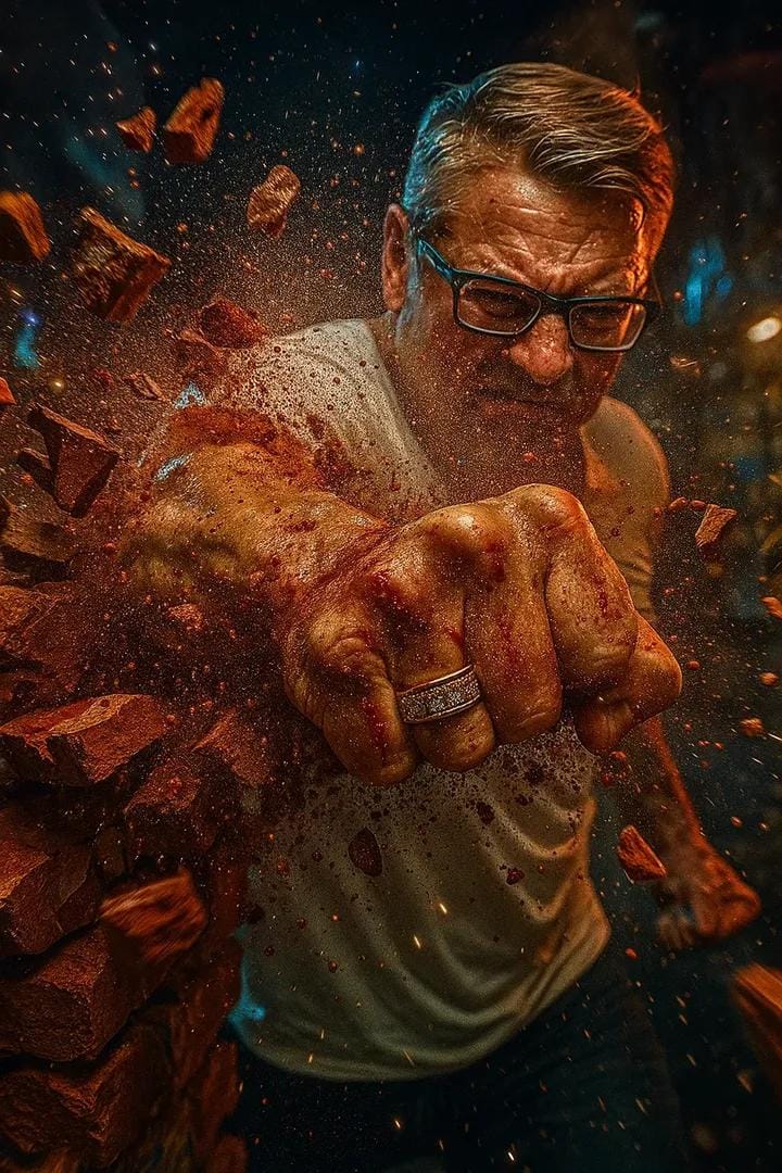 Punching through glass window slow motion