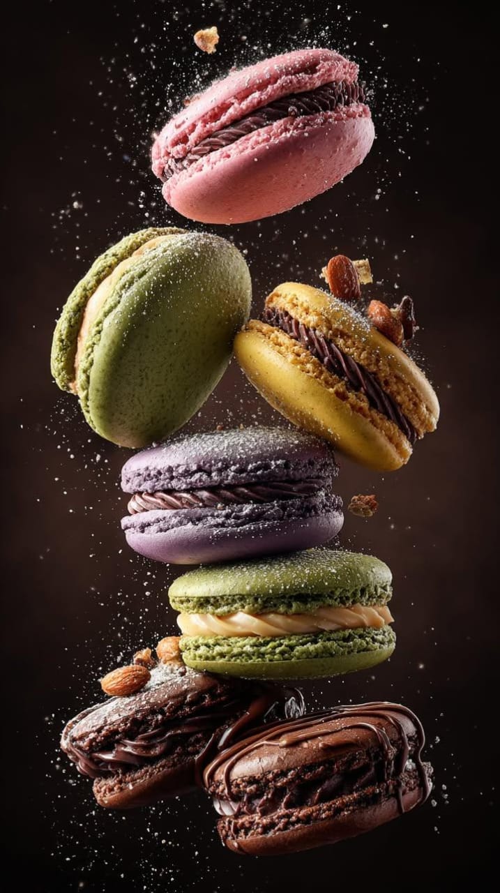 French macarons suspended mid-air